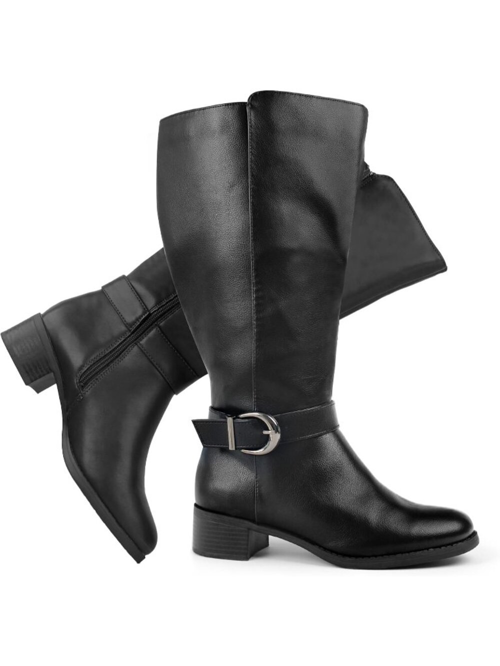Women's Black/Wool Wide Calf Pull On Side Zipper Knee High Boots Pointed Toe